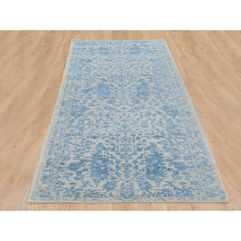 Shahbanu Rugs Blue Fine Broken Cypress Tree Design Wool And Art Silk